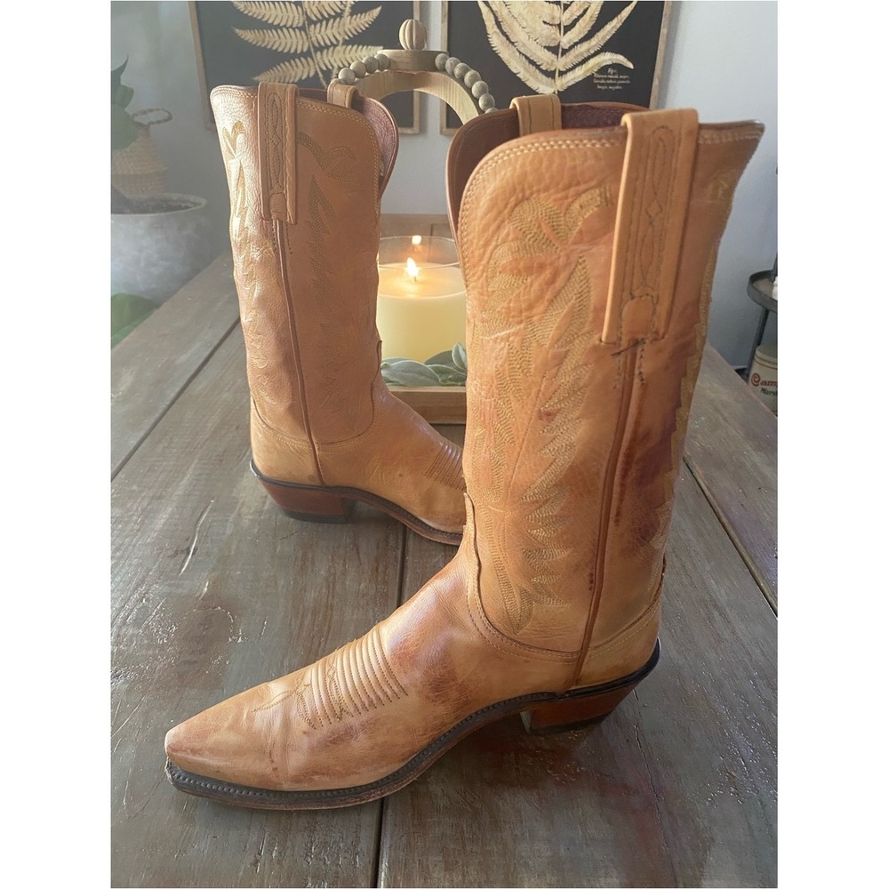 Lucchese Savannah Mad Dog Goat Leather SnipToe Western Cowboy Boots Womens 9 Tan - Picture 7 of 13